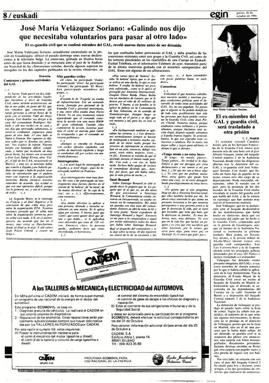 Página interior del 15 de octubre de 1986 del diario «Egin», donde se recoge el testimonio del ex guardia civil José María Velázquez Soriano.