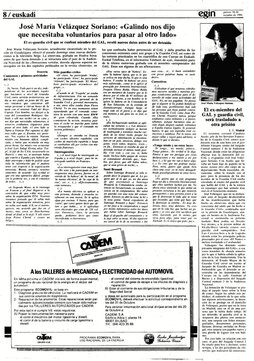 Página interior del 15 de octubre de 1986 del diario «Egin», donde se recoge el testimonio del ex guardia civil José María Velázquez Soriano.