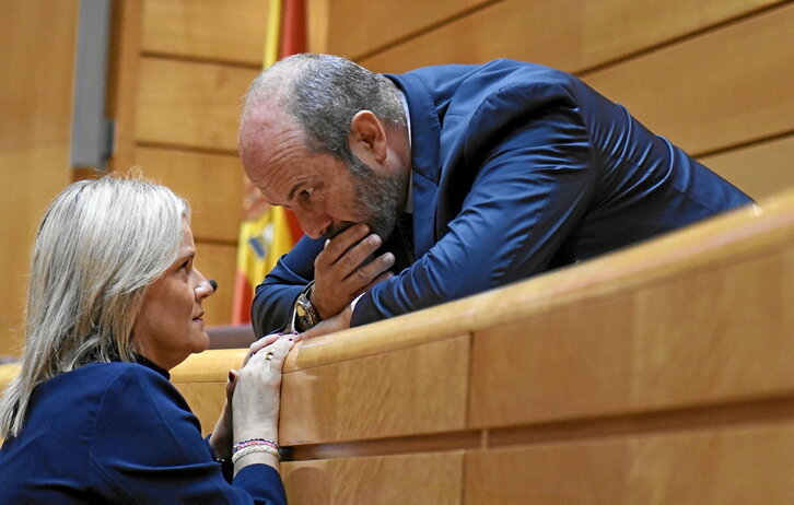 Marimar Blanco habla con el presidente del Senado, Pedro Rollán, que decidió dar el proyecto por «vetado».