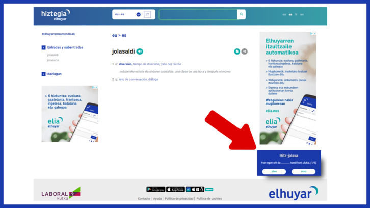 Elhuyarrek hitz-jolas bat sortu du bere hiztegiaren atarian, erabiltzaileek euskara maila hobetzeko aukera izan dezaten..