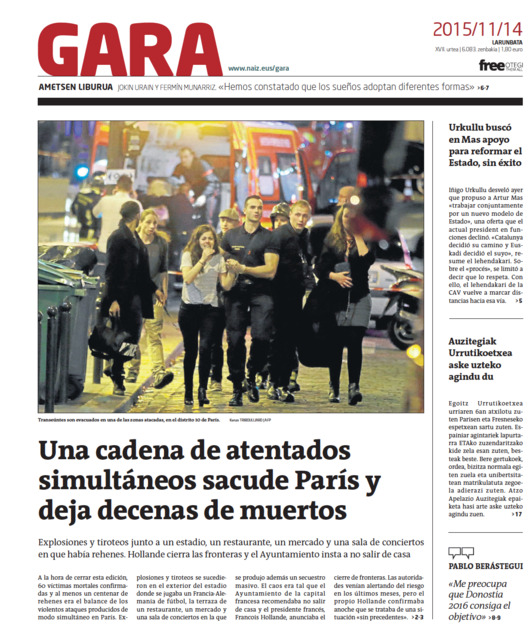 La portada de GARA del 14 de noviembre de 2015 ilustró el terror vivido la víspera en París.