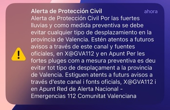 Alerta que se recibió en los teléfonos móviles el pasado 29 de octubre por la tarde.