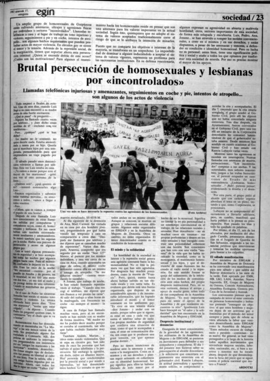 1983an gaurko egunez 'Egin'-ek egin zuen kronika: Gipuzkoan LGTBI kolektiboaren aurka hedatu zen jazarpenaren ingurukoa.