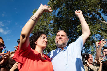 Oriol Junqueras y Marta Rovira en julio en Cantallops, al regresar la segunda del exilio.