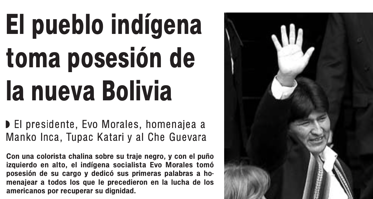 Recorte del artículo de GARA sobre la toma de posesión del presidente boliviano.