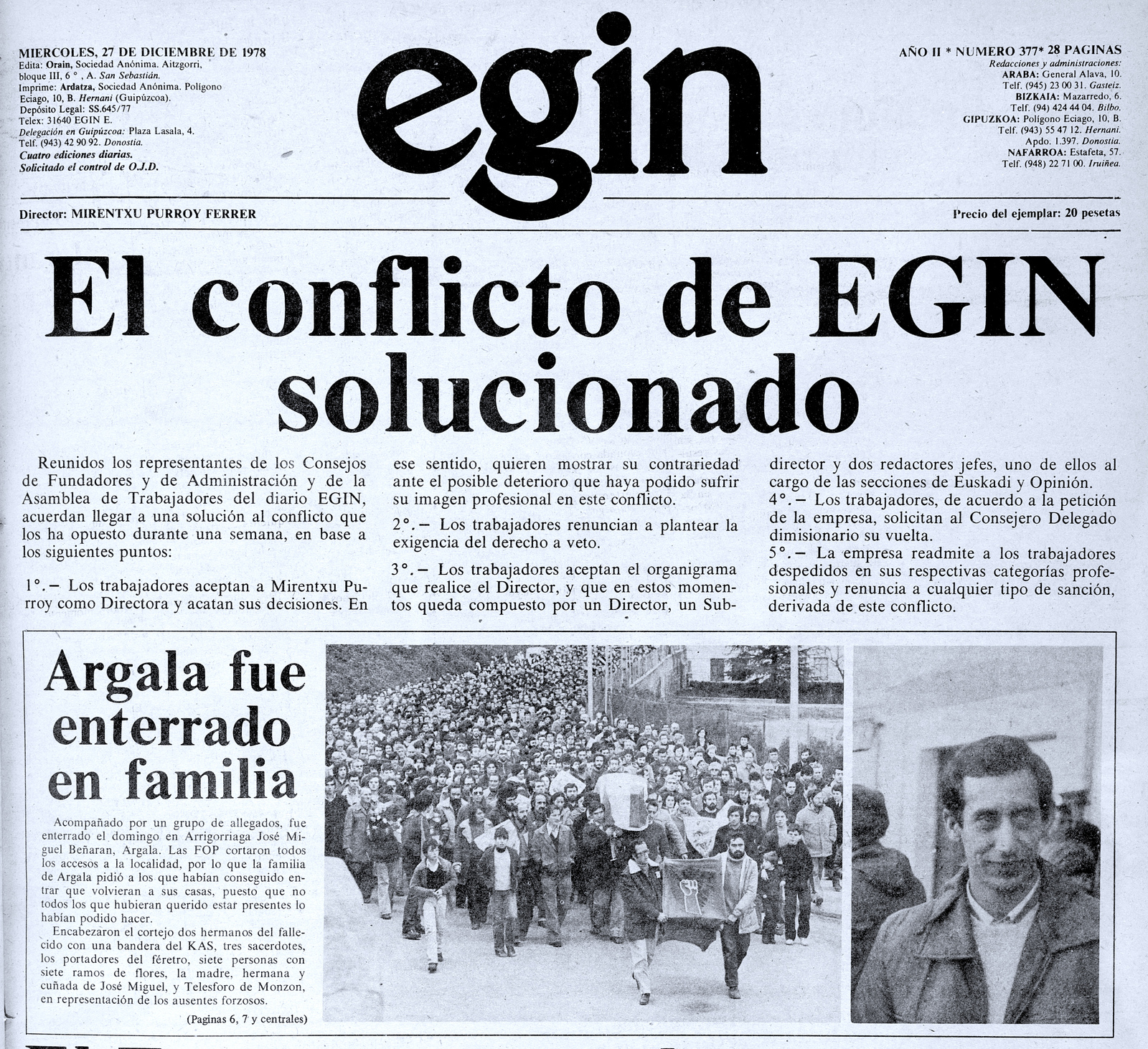 ‘Egin’ no dio la noticia de la muerte de Argala hasta el 27 de diciembre de 1978, a causa de la huelga de sus trabajadores y trabajadoras.