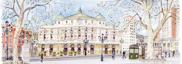 Acuarela del teatro Arriaga, obra de Elena Ciordia.