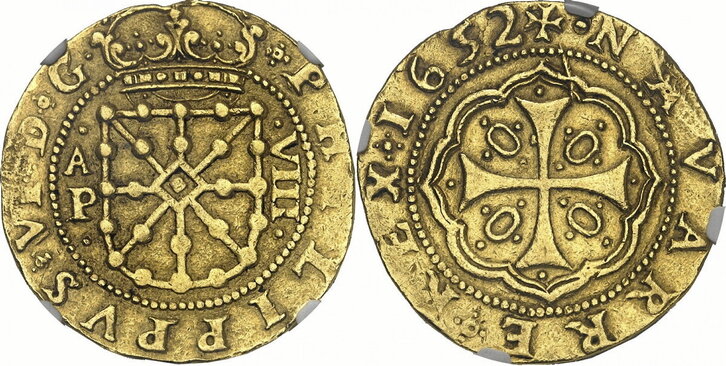 Pieza de oro de ocho escudos acuñada por Felipe IV de España y VI de Nafarroa en Iruñea en 1652.