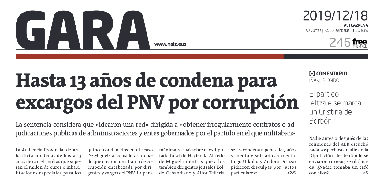 Captura de parte de la portada de GARA del 18 de diciembre de 2019, el día después de la sentencia.