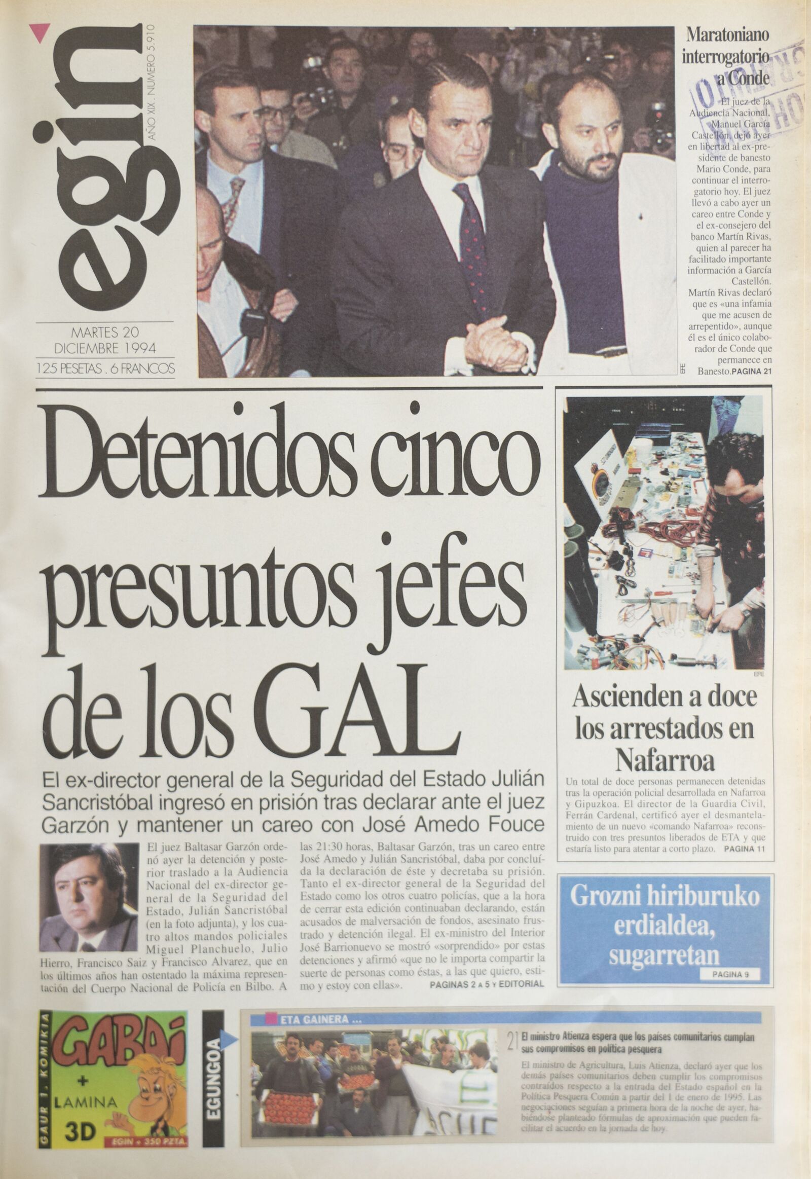 Portada de «Egin» del 20 de diciembre de 1994, el día después de las detenciones.