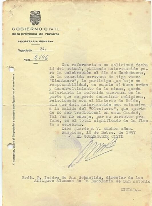 Nota del Gobernador Civil en el que prohíbe la salida de Olentzero en 1957