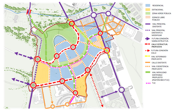 Plano del futuro barrio, con sus zonas verdes, residenciales y dotacionales.