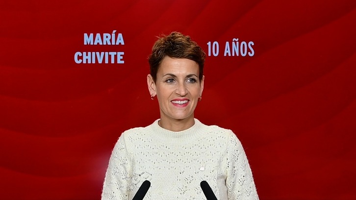 María Chivite, en su comparecencia de este sábado en Iruñea.