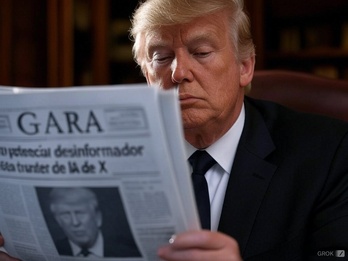 Trump lee una edición especial de GARA en una imagen creada mediante la herramienta Grok.