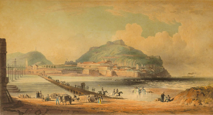 Vista de Donostia en mayo de 1836 desde el convento de San Francisco, con el pontón sobre el Urumea y el principio del nuevo puente de madera.