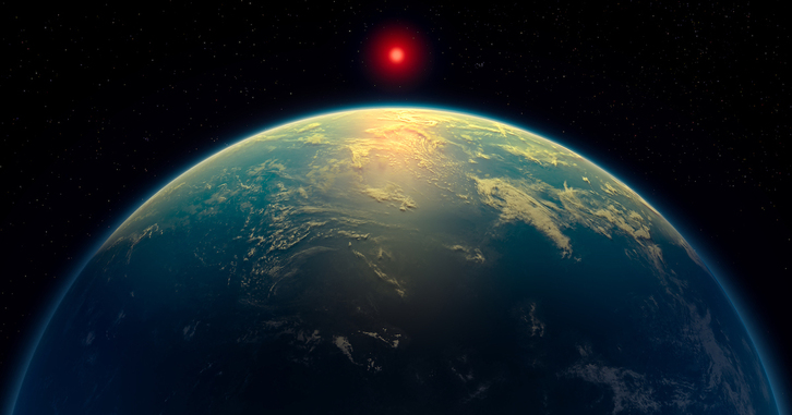 Recreación artístida del planeta K218b, un mundo hicéano que ha presentado indicios de posible vida extraterrestre.