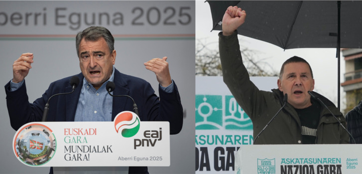 Esteban y Otegi, dos discursos bien diferentes en Bilbo e Iruñea.
